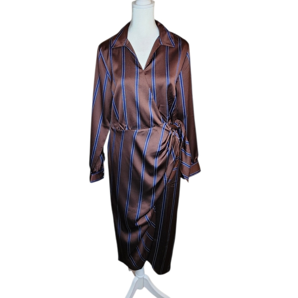 NEW Loft Brown and Blue Pinstriped Midi Wrap Dress Size Small